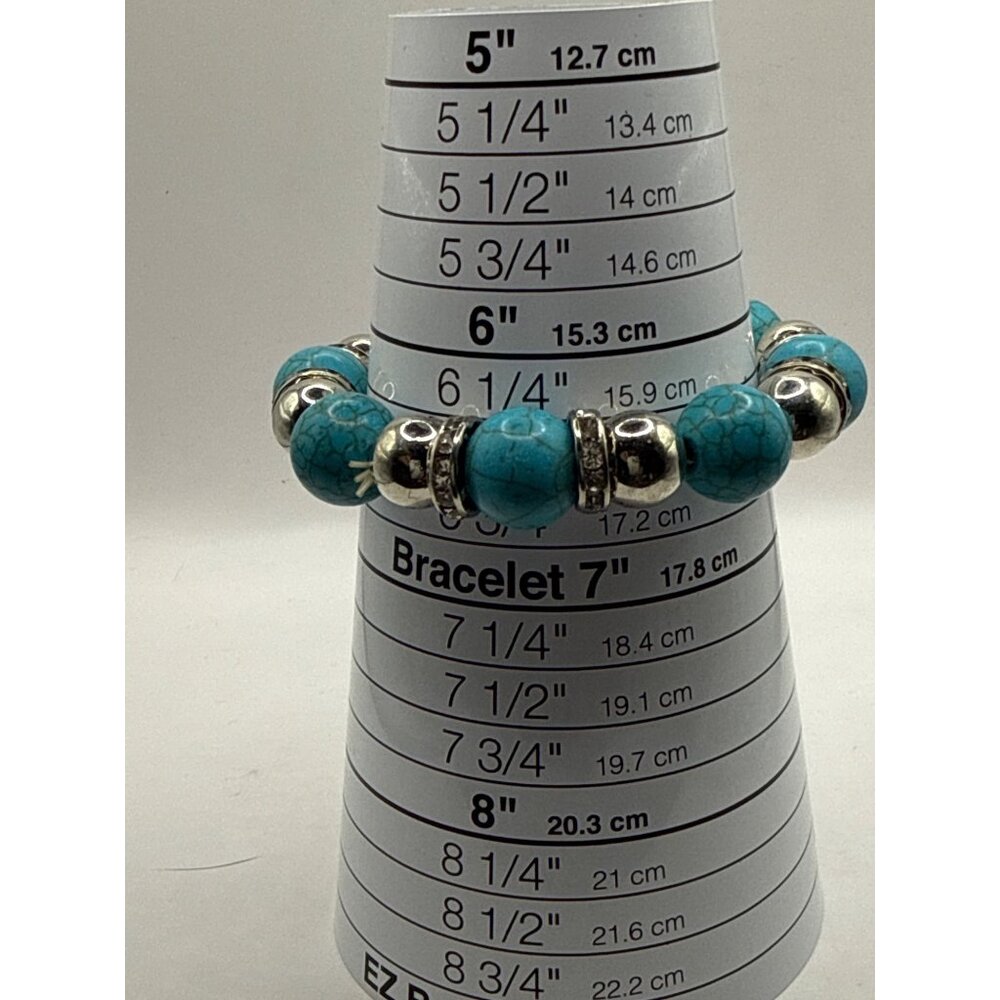 Southwestern Boho-Chic Rustic Turquoise Silver Beaded Stretch Bracelet - Picture 3 of 3